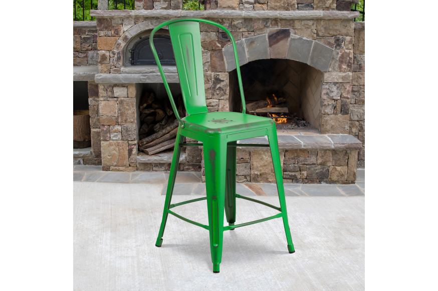 BLNK™ Carly Commercial Metal Distressed Indoor-Outdoor Counter Height Stool - Green