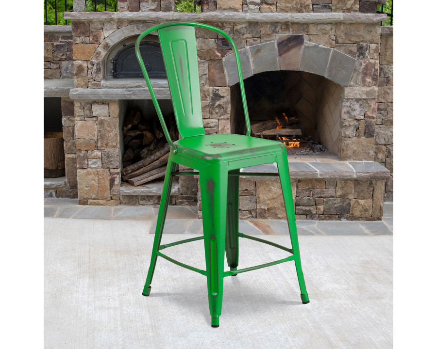 BLNK Carly Commercial Metal Distressed Indoor-Outdoor Counter Height Stool - Green