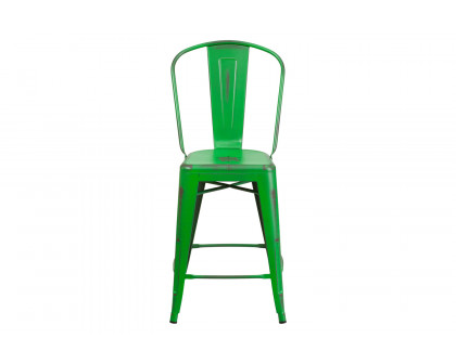 BLNK™ Carly Commercial Metal Distressed Indoor-Outdoor Counter Height Stool - Green