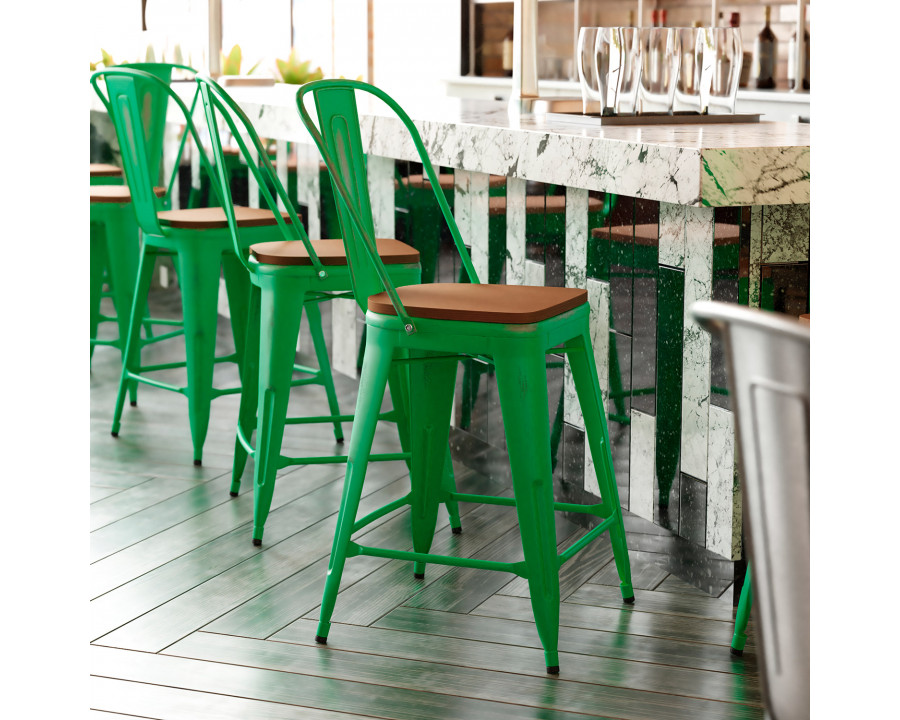 BLNK Carly Commercial Metal Indoor-Outdoor Counter Height Stool with Poly Resin Wood Seat - Green/Teak