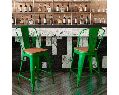 BLNK Carly Commercial Metal Indoor-Outdoor Counter Height Stool with Poly Resin Wood Seat - Green/Teak