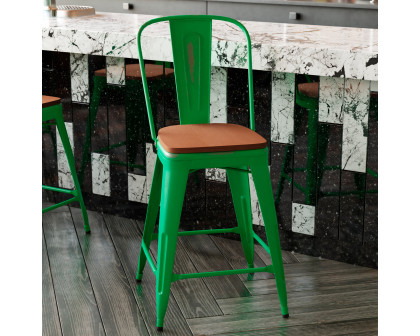 BLNK Carly Commercial Metal Indoor-Outdoor Counter Height Stool with Poly Resin Wood Seat - Green/Teak