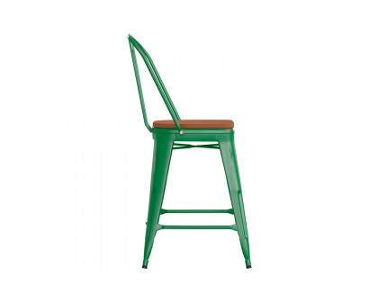 BLNK Carly Commercial Metal Indoor-Outdoor Counter Height Stool with Poly Resin Wood Seat - Green/Teak