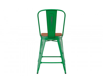 BLNK Carly Commercial Metal Indoor-Outdoor Counter Height Stool with Poly Resin Wood Seat - Green/Teak