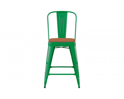 BLNK Carly Commercial Metal Indoor-Outdoor Counter Height Stool with Poly Resin Wood Seat - Green/Teak