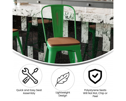 BLNK Carly Commercial Metal Indoor-Outdoor Counter Height Stool with Poly Resin Wood Seat - Green/Teak