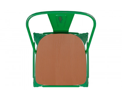 BLNK Carly Commercial Metal Indoor-Outdoor Counter Height Stool with Poly Resin Wood Seat - Green/Teak