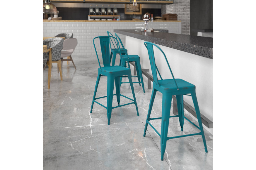 BLNK™ Carly Commercial Metal Distressed Indoor-Outdoor Counter Height Stool - Kelly Blue/Teal