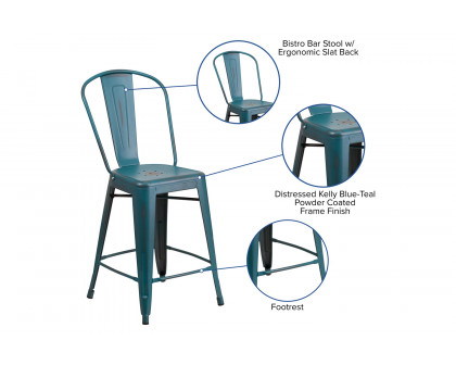 BLNK™ Carly Commercial Metal Distressed Indoor-Outdoor Counter Height Stool - Kelly Blue/Teal