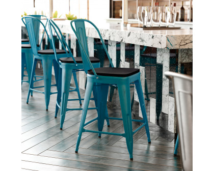 BLNK Carly Commercial Metal Indoor-Outdoor Counter Height Stool with Poly Resin Wood Seat