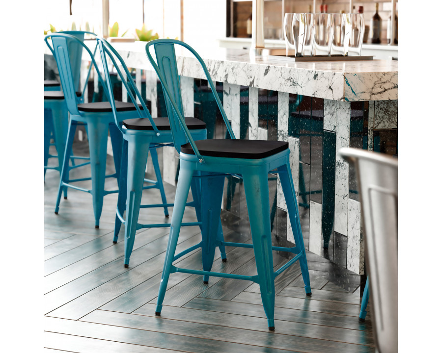 BLNK Carly Commercial Metal Indoor-Outdoor Counter Height Stool with Poly Resin Wood Seat - Kelly Blue-Teal/Black