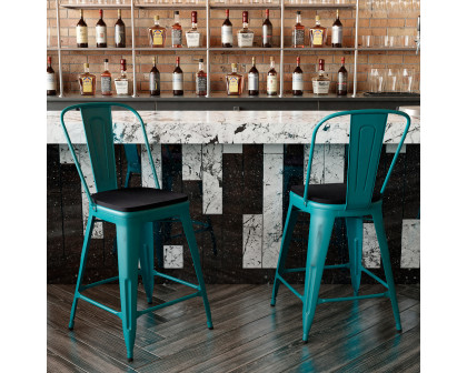 BLNK Carly Commercial Metal Indoor-Outdoor Counter Height Stool with Poly Resin Wood Seat - Kelly Blue-Teal/Black