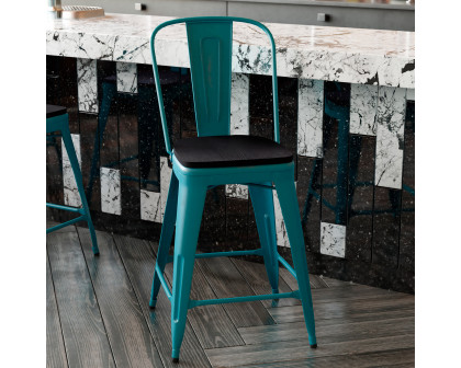 BLNK Carly Commercial Metal Indoor-Outdoor Counter Height Stool with Poly Resin Wood Seat - Kelly Blue-Teal/Black