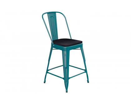 BLNK Carly Commercial Metal Indoor-Outdoor Counter Height Stool with Poly Resin Wood Seat - Kelly Blue-Teal/Black