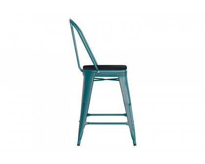 BLNK Carly Commercial Metal Indoor-Outdoor Counter Height Stool with Poly Resin Wood Seat - Kelly Blue-Teal/Black