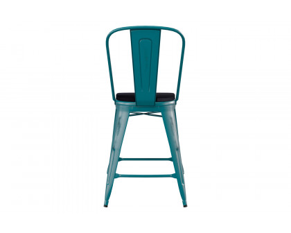 BLNK Carly Commercial Metal Indoor-Outdoor Counter Height Stool with Poly Resin Wood Seat - Kelly Blue-Teal/Black