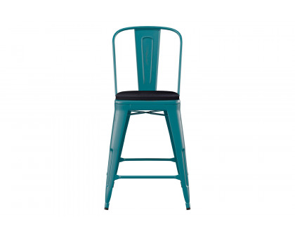 BLNK Carly Commercial Metal Indoor-Outdoor Counter Height Stool with Poly Resin Wood Seat - Kelly Blue-Teal/Black