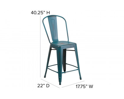 BLNK Carly Commercial Metal Indoor-Outdoor Counter Height Stool with Poly Resin Wood Seat - Kelly Blue-Teal/Black