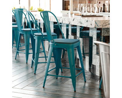 BLNK Carly Commercial Metal Indoor-Outdoor Counter Height Stool with Poly Resin Wood Seat