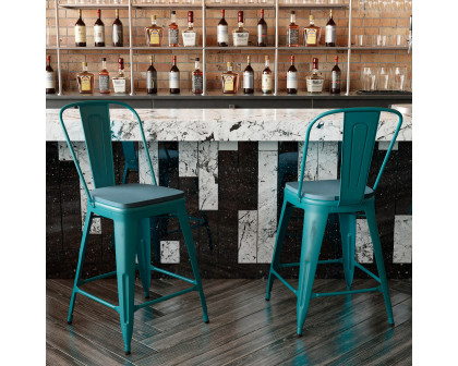 BLNK Carly Commercial Metal Indoor-Outdoor Counter Height Stool with Poly Resin Wood Seat - Kelly Blue-Teal/Teal-Blue