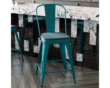 BLNK Carly Commercial Metal Indoor-Outdoor Counter Height Stool with Poly Resin Wood Seat - Kelly Blue-Teal/Teal-Blue