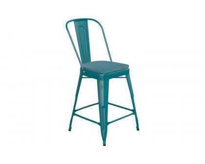 BLNK Carly Commercial Metal Indoor-Outdoor Counter Height Stool with Poly Resin Wood Seat - Kelly Blue-Teal/Teal-Blue