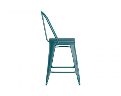 BLNK Carly Commercial Metal Indoor-Outdoor Counter Height Stool with Poly Resin Wood Seat - Kelly Blue-Teal/Teal-Blue