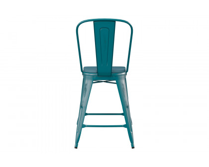 BLNK Carly Commercial Metal Indoor-Outdoor Counter Height Stool with Poly Resin Wood Seat - Kelly Blue-Teal/Teal-Blue