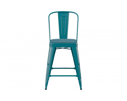 BLNK Carly Commercial Metal Indoor-Outdoor Counter Height Stool with Poly Resin Wood Seat - Kelly Blue-Teal/Teal-Blue