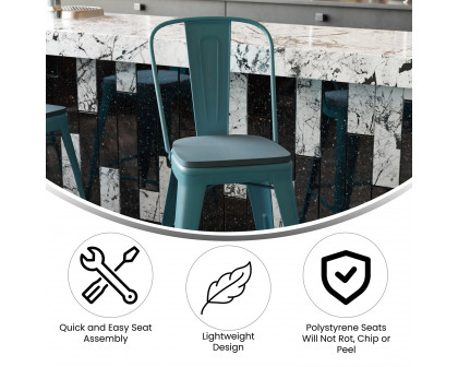 BLNK Carly Commercial Metal Indoor-Outdoor Counter Height Stool with Poly Resin Wood Seat - Kelly Blue-Teal/Teal-Blue