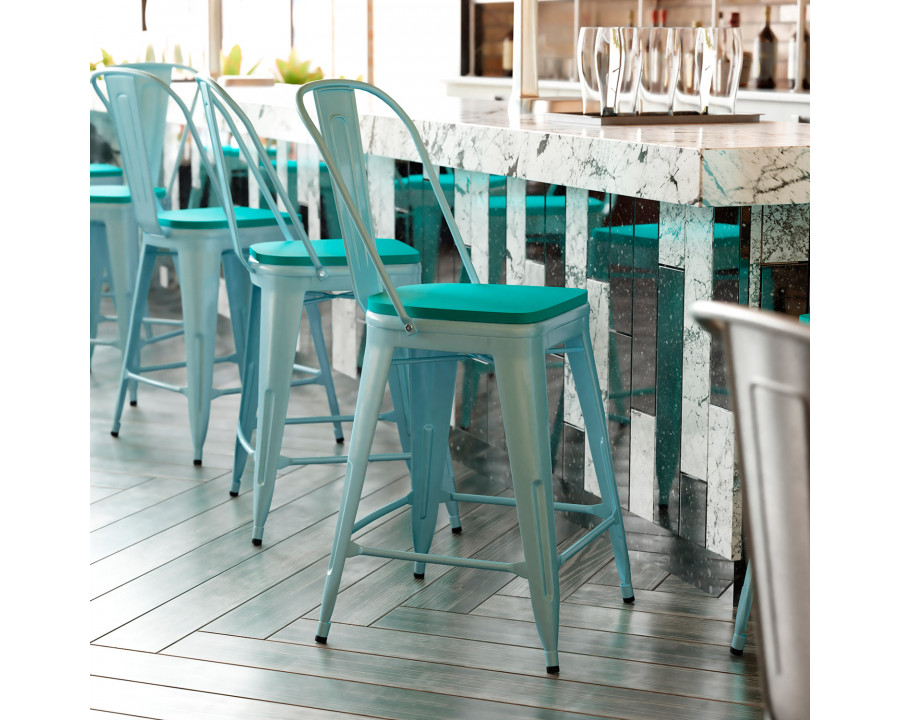 BLNK Carly Commercial Metal Indoor-Outdoor Counter Height Stool with Poly Resin Wood Seat - Mint Green