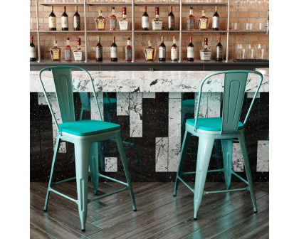 BLNK Carly Commercial Metal Indoor-Outdoor Counter Height Stool with Poly Resin Wood Seat - Mint Green