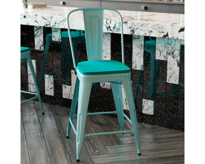 BLNK Carly Commercial Metal Indoor-Outdoor Counter Height Stool with Poly Resin Wood Seat - Mint Green