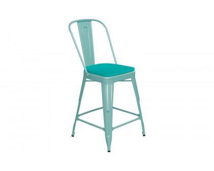 BLNK Carly Commercial Metal Indoor-Outdoor Counter Height Stool with Poly Resin Wood Seat - Mint Green