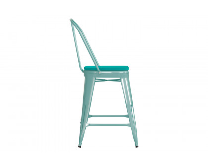 BLNK Carly Commercial Metal Indoor-Outdoor Counter Height Stool with Poly Resin Wood Seat - Mint Green