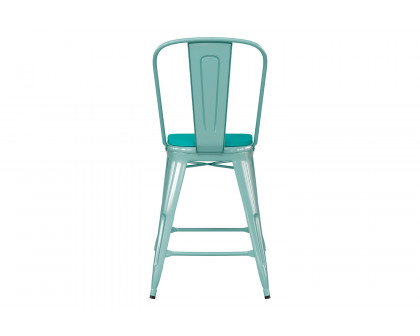 BLNK Carly Commercial Metal Indoor-Outdoor Counter Height Stool with Poly Resin Wood Seat - Mint Green