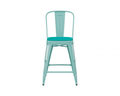 BLNK Carly Commercial Metal Indoor-Outdoor Counter Height Stool with Poly Resin Wood Seat - Mint Green