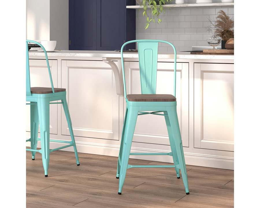 BLNK Carly Metal Counter Height Stool with Wood Seat - Mint Green