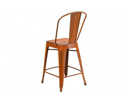 BLNK Carly Commercial Metal Distressed Indoor-Outdoor Counter Height Stool - Orange