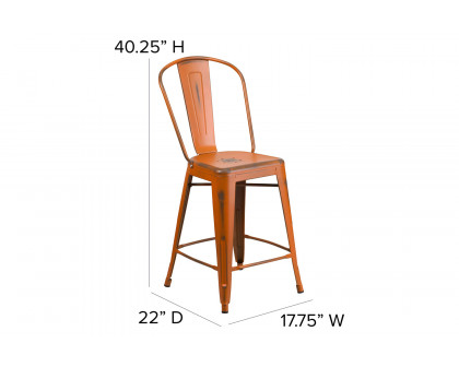 BLNK Carly Commercial Metal Distressed Indoor-Outdoor Counter Height Stool - Orange