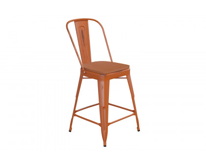 BLNK Carly Commercial Metal Indoor-Outdoor Counter Height Stool with Poly Resin Wood Seat - Orange/Teak