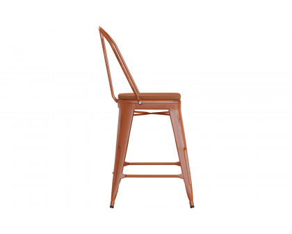 BLNK Carly Commercial Metal Indoor-Outdoor Counter Height Stool with Poly Resin Wood Seat - Orange/Teak