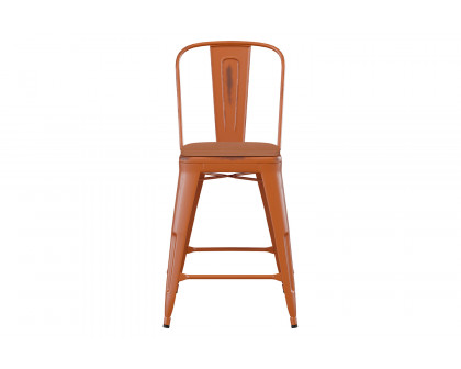 BLNK Carly Commercial Metal Indoor-Outdoor Counter Height Stool with Poly Resin Wood Seat - Orange/Teak