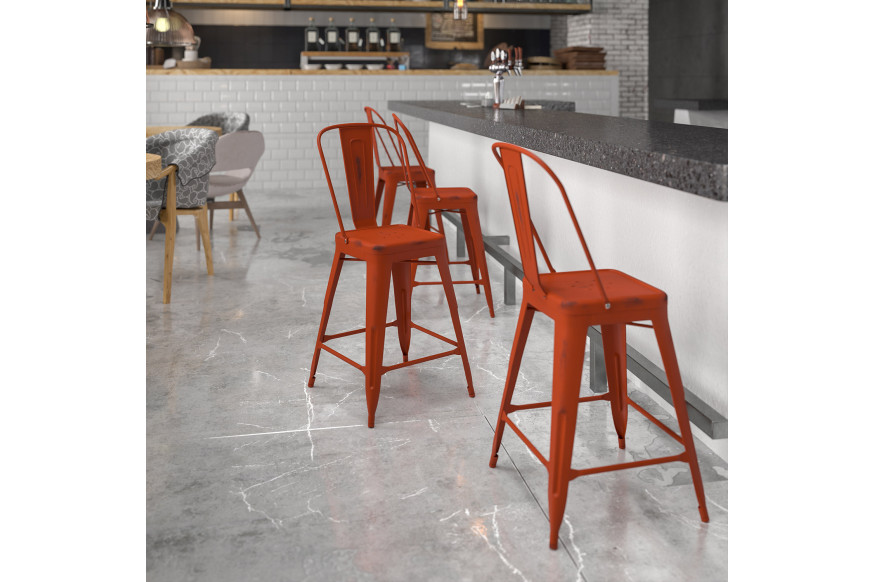 BLNK™ Carly Commercial Metal Distressed Indoor-Outdoor Counter Height Stool - Kelly Red