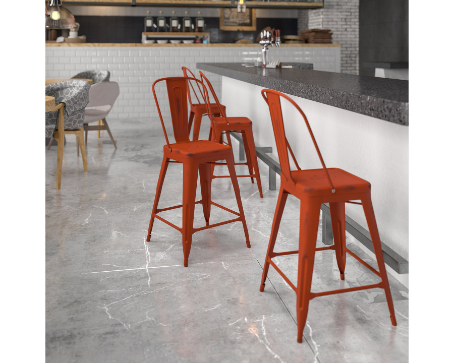 BLNK Carly Commercial Metal Distressed Indoor-Outdoor Counter Height Stool - Kelly Red