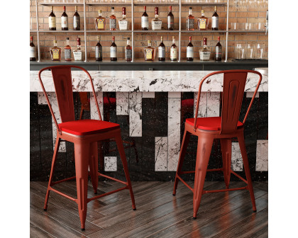 BLNK Carly Commercial Metal Indoor-Outdoor Counter Height Stool with Poly Resin Wood Seat - Kelly Red/Red