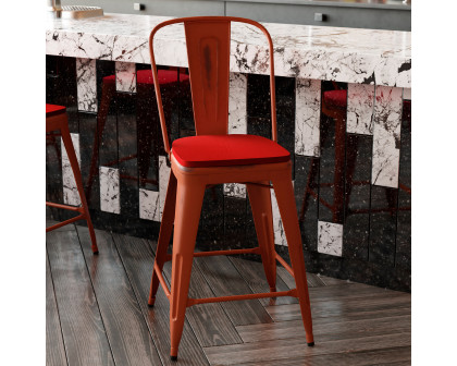 BLNK Carly Commercial Metal Indoor-Outdoor Counter Height Stool with Poly Resin Wood Seat - Kelly Red/Red