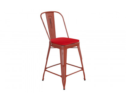 BLNK Carly Commercial Metal Indoor-Outdoor Counter Height Stool with Poly Resin Wood Seat - Kelly Red/Red