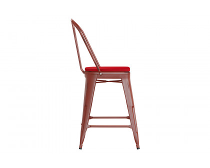 BLNK Carly Commercial Metal Indoor-Outdoor Counter Height Stool with Poly Resin Wood Seat - Kelly Red/Red