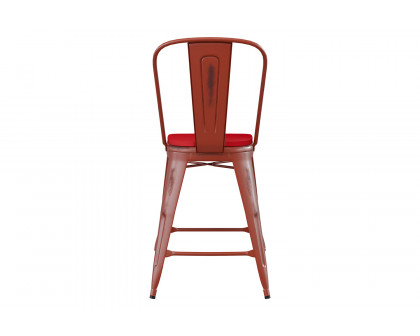 BLNK Carly Commercial Metal Indoor-Outdoor Counter Height Stool with Poly Resin Wood Seat - Kelly Red/Red